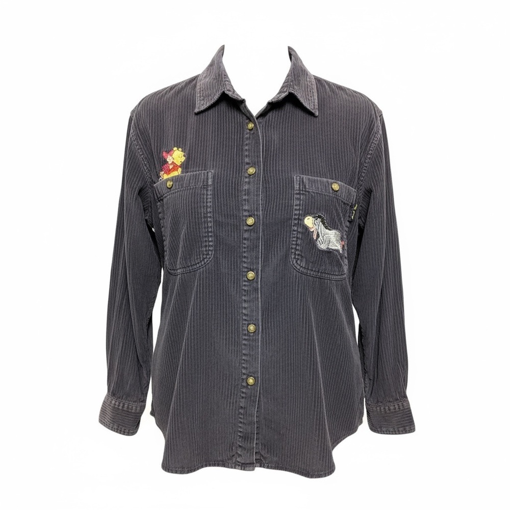 Vintage Disney‎ Pooh Corduroy Shirt S Gray Purple Eeyore Piglet Button Down